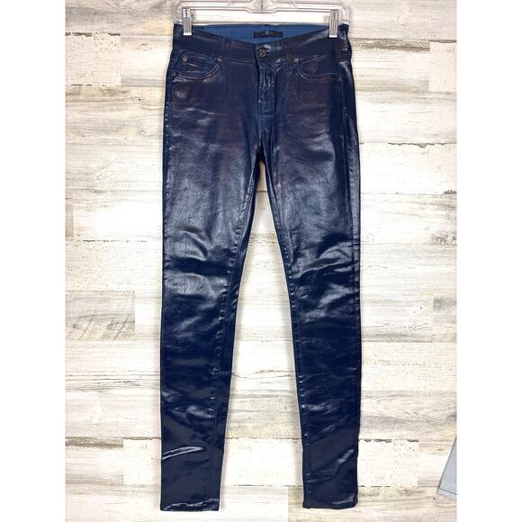 7 For All Mankind Women’s 25 Luxe Navy Blue Sateen mid Rise ankle Jeans - Picture 1 of 7